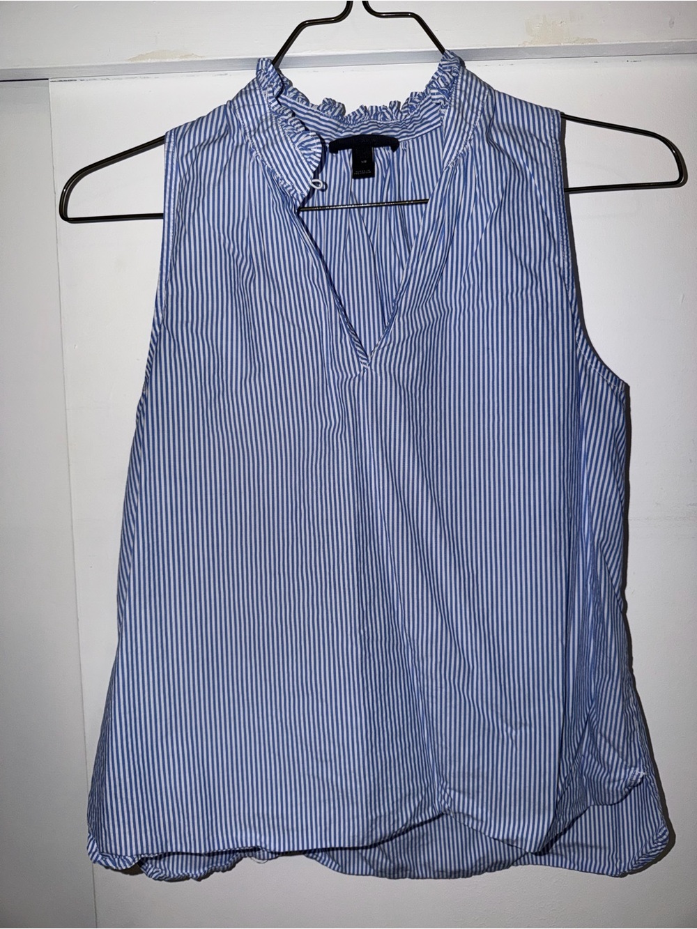 J. Crew Blue and White Vertical Stripe Ruffle-Neck Sleeveless Top